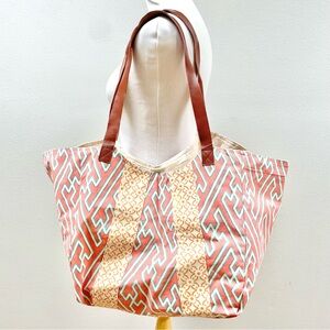 NEW Anthropologie Canvas Hand Block-Printed Coral Tote Beach Bag, Leather Straps
